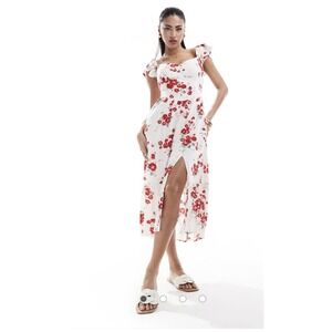 Women's Hollister Red  Floral Milkmaid Flutter Sleeve Cottagecore Dress Size L